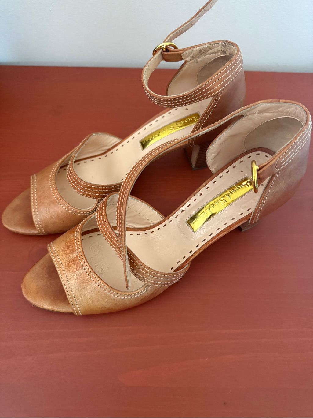 Rupert Sanderson Leather Ankle Strap Sandals Size 40 Tan Made Italy